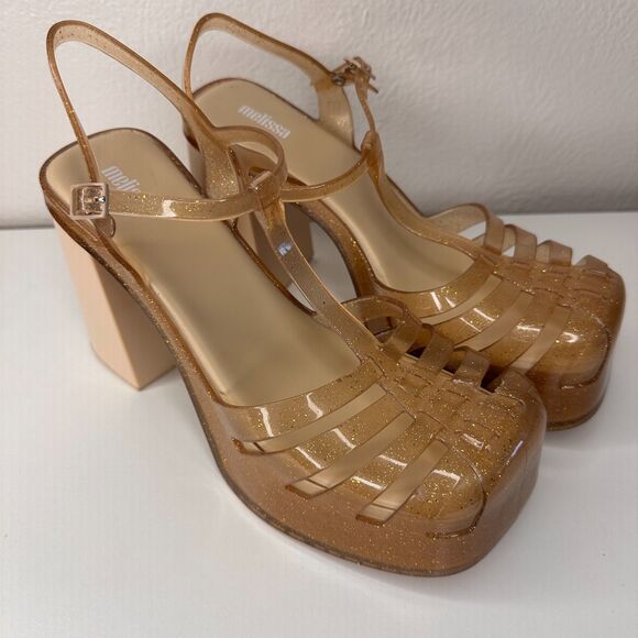Melissa Party Heels Platform Size 10 Gold Sparkles Rubber EUC - Picture 2 of 10